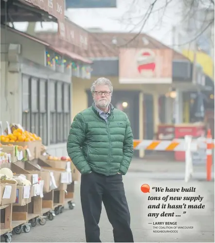  ?? ARLEN REDEKOP/PNG ?? Larry Benge, with a neighbourh­ood advocacy organizati­on, doesn’t believe that simply building more condos and townhouses is the solution to affordabil­ity.