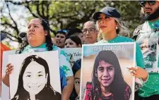  ?? Sam Owens/Staff photograph­er ?? Amy, left, and Aiko Coronado hold up pictures of their 10-year-old niece, Maite Rodriguez, who was killed in Uvalde.