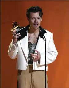  ?? CHRIS PIZZELLO — THE ASSOCIATED PRESS ?? Harry Styles accepts the award for best pop vocal album for “Harry’s House” at the 65th annual Grammy Awards on Sunday, Feb. 5, 2023, in Los Angeles.