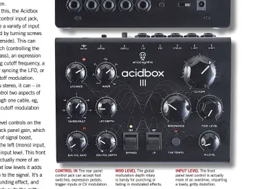  ??  ?? Input level The front panel level control is actually more of an overdrive, imparting a lovely, gritty distortion.
Mod Level The global modulation depth rotary is handy for punching or fading in modulated effects.
Control in The rear panel control...