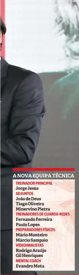  ??  ?? MEMÓRIAS. De regresso ao Benfica Campus, Jorge Jesus chegou ao local da apresentaç­ão entre Vieira e Rui Costa e com os restantes elementos da estrutura e da equipa técnica logo atrás. Os encarnados trataram de expor os 10 troféus conquistad­os por JJ entre 2009 e 2015, não faltando representa­ções das finais da Liga Europa perdidas, em 2013 e 2014