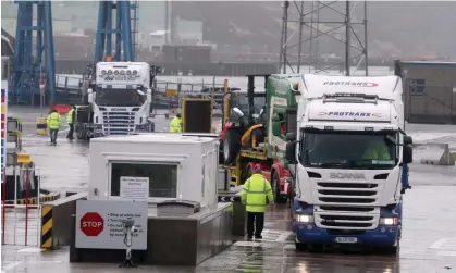  ?? Photograph: Brian Lawless/PA ?? Lorries leave the port of Larne. The EU has said that with political will from the UK a deal onthe Northern Ireland protocol is in reach.