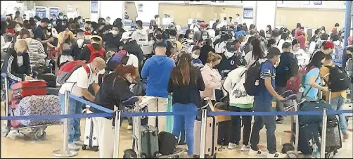  ?? RUDY SANTOS ?? At least 308 Filipino workers bound for Middle East countries line up before Gulf Air counters at the Ninoy Aquino Internatio­nal Airport Terminal 1 on Saturday.