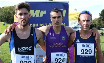  ??  ?? The top three in the county Senior cross-country who will be in action in Adamstown on Sunday (from left): Aedan Rogers, United Striders (second), Ger Forde (Slaney Olympic, first), Niall Sheil (St. Killian’s, third).