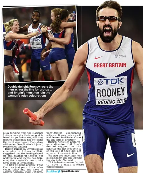  ??  ?? DoubleD bl delight:dhtli RRooney roars theth men across the line for bronze . . . and Britain’s men then join the women’s relay celebratio­ns