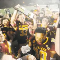  ?? Matthew Brown / Hearst Connecticu­t Media ?? St Joseph celebrates their 17-13 win over Hand in the 2019 CIAC Class L state championsh­ip football game at Veterans Memorial Stadium in New Britian.