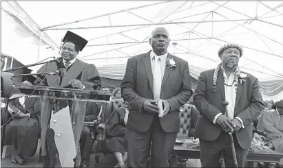  ??  ?? Permanent Secretary in the Ministry of Higher and Tertiary Education, Dr Desire Sibanda (left) Chief Mtshana Khumalo and Chief Ndiweni who graced the graduation ceremony in support of education