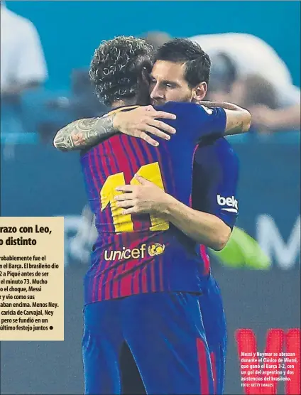  ?? FOTO: GETTY IMAGES ?? Messi y Neymar se abrazan durante el Clásico de Miami, que ganó el Barça 3-2, con un gol del argentino y dos asistencia­s del brasileño.