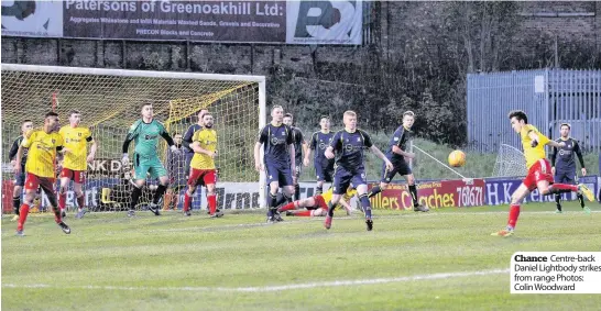  ??  ?? Chance Centre-back Daniel Lightbody strikes from range Photos: Colin Woodward