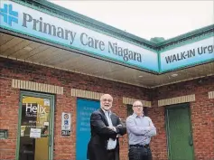  ?? RAY SPITERI THE NIAGARA FALLS REVIEW ?? Dr. Artaj Singh, left, lead physician at Primary Care Niagara, and Tim Windsor, director of clinical services, in front of the new urgent care clinic and family practice at 660 Garrison Rd. in Fort Erie, set to open March 4.