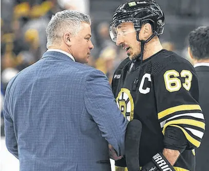  ?? ?? Boston Bruins captain Brad Marchand shakes hands with Toronto Maple Leafs head coach Sheldon Keefe after Game 7 of the teams’ first-round NHL playoff series.
BOB DECHIARA • USA TODAY SPORTS