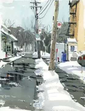  ??  ?? Avenue Ste. Anne, watercolor, 15 x 11" (38 x 28 cm) On warmer winter days the melting snow produces stunning reflection­s in the road. I used a mix of Prussian blue and burnt umber to create a warm grey for the road and distant trees. Although neutral colors dominate, I found some opportunit­ies to add spots of pure pigment, as in the road signs and trash bin.
