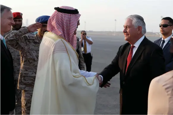  ??  ?? US secretary of state Rex Tillerson is greeted as he arrives at King Salman Air Base in Riyadh yesterday on his Middle East trip