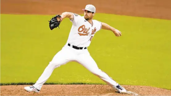  ?? MITCHELL LAYTON/GETTY ?? Orioles starting pitcher Bruce Zimmermann continued his dominance at Camden Yards, allowing two runs on five hits in six innings in Sunday’s 4-2 win over the Royals — and bringing his season total at the ballpark to four earned runs in 20 innings.