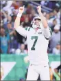  ?? Abbie Parr / Getty Images ?? Jets kicker Chandler Catanzaro reacts after making the game-winning field goal against the Jaguars on Sunday.