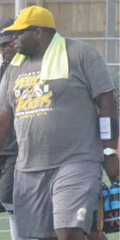  ?? (Photo by Danny P. Smith, SDN) ?? Manager Jeremiah Chandler performs his duties during Starkville High School football practice on Monday.