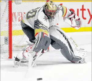  ?? AP PHOTO ?? Vegas Golden Knights goalie Malcolm Subban makes a stop against the Nashville Predators during the second period of an NHL game Dec. 8 in Nashville, Tenn.