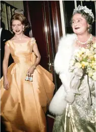  ??  ?? ROYAL BRANDS: Clockwise from left, Queen Victoria in mourning, Princess Margaret and the Queen Mother in 1963, and 18th century Mantua court dress