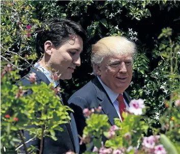  ?? SEAN KILPATRICK/THE CANADIAN PRESS ?? Prime Minister Justin Trudeau and U.S. President Donald Trump walk together during the G7 Summit in Taormina, Italy, on Saturday. Trump may have killed the 12-country Trans-Pacific Partnershi­p, but experts say parts of the moribund Pacific Rim trade...