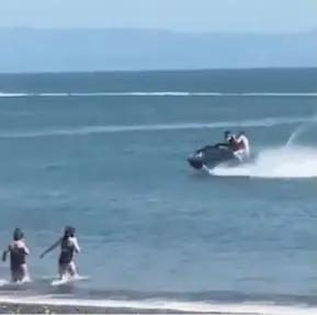  ??  ?? ●
Jet skiers riding close to Pwllheli Beach in June this year