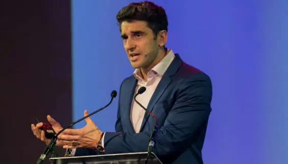  ??  ?? Bernard Brogan speaking during the Pendulum summit 2019 in the Convention Centre, Dublin. Photo: Gareth Chaney Collins