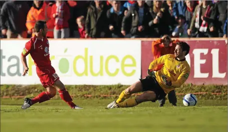  ?? Pic: ?? Cretaro scores his first of two goals against St. Patrick’s Athletic on October 13th, 2012, the game that saw Sligo Rovers win the league. David Maher / SPORTSFILE