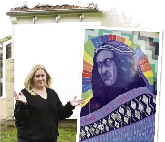  ?? PHOTOS: LINDA ROBERTSON & GREGOR RICHARDSON ?? White wash . . . St Joseph's Cathedral School principal Jo Stanley was shocked to find the school’s mural depicting Ma¯ori Jesus (inset) covered by white paint yesterday morning.