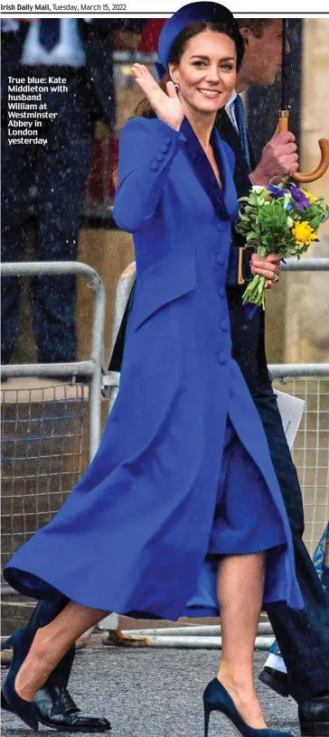  ?? ?? True blue: Kate Middleton with husband William at Westminste­r Abbey in London yesterday