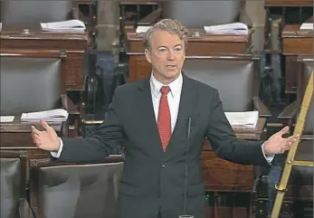  ?? Senate TV via AP ?? In this image from video from Senate Television, Sen. Rand Paul, R-Ky., speaks on the floor of the Senate Thursday in opposition to a bipartisan budget deal.