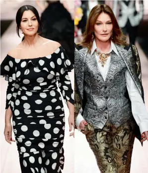  ??  ?? Italian icon Monica Bellucci in polka-dots Carla Bruni parades in a stately brocade outfit