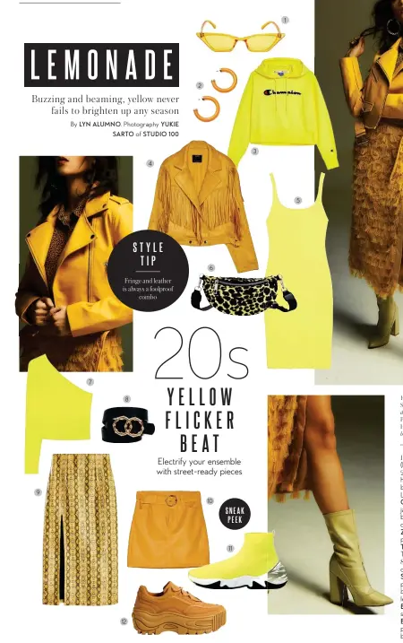  ??  ?? 20s
YELLOW FLICKER BEAT Electrify your ensemble with street-ready pieces