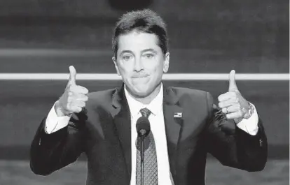  ?? ALEX WONG/GETTY IMAGES ?? Scott Baio gives two thumbs up during his speech on the first day of the Republican National Convention last week.