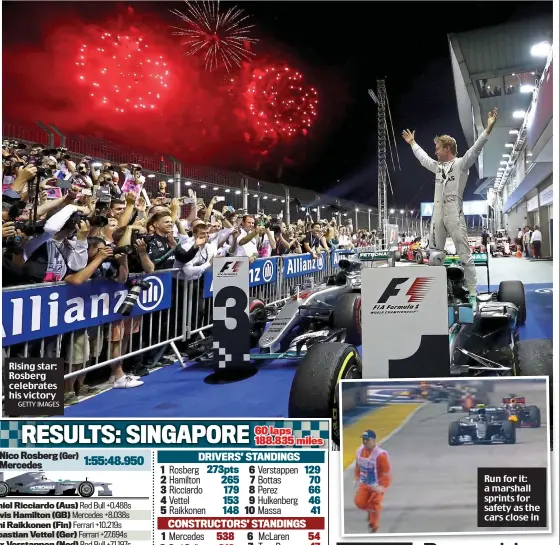  ?? GETTY IMAGES ?? Rising star: Rosberg celebrates his victory Run for it: a marshall sprints for safety as the cars close in