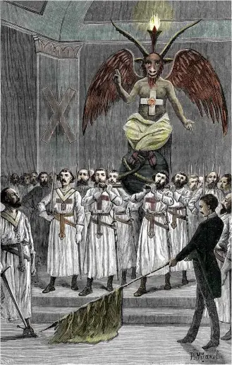  ??  ?? ABOVE: Freemasons dressed as Knights Templar worship Baphomet in an engraving from Les Mysteres de la Franc-maconnerie by Leo Taxil.