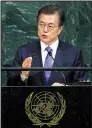  ?? The New York Times/CHANG W. LEE ?? “We do not desire the collapse of North Korea,” South Korean President Moon Jae-in said Thursday in his address to the U.N. General Assembly. He called on world leaders to “peacefully solve” the North Korea nuclear threat.