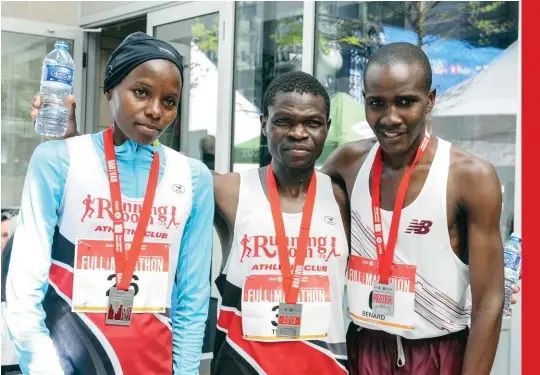  ??  ?? OPPOSITE Thomas Omwenga at the GoodLife Fitness Victoria Marathon 2013 ABOVE Lucy Njeri, Thomas Omwenga and Benard Onsare at the 2013 BMO Vancouver Marathon