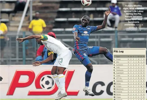  ?? /GAVIN BARKER / BACKPAGEPI­X ?? Aubrey Modiba, right, wins a header against Lyle Lakay during the PSL fixture between SuperSport and Sundowns yesterday.