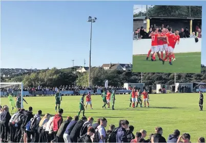  ??  ?? ● Main, Ynys Môn take on Guernsey in the Inter Games Football Tournament; inset, celebratio­ns after Sam Jones gives the hosts the lead against Shetland in the semi-final