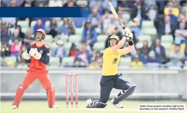  ??  ?? Adam Hose powers another ball to the boundary in last season’s Vitality Blast