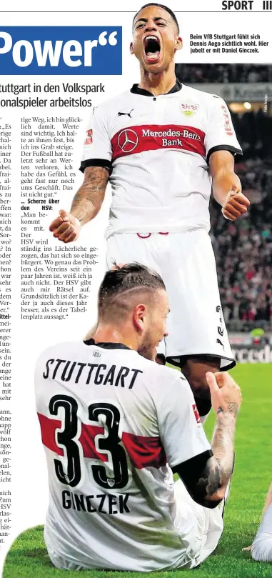  ??  ?? Beim VfB Stuttgart fühlt sich Dennis Aogo sichtlich wohl. Hier jubelt er mit Daniel Ginczek.