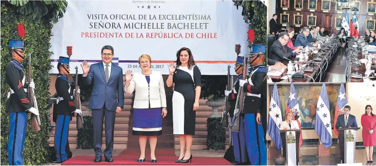  ??  ?? (1) La presidenta de Chile, Michelle Bachelet (centro), fue recibida por el presidente Juan Orlando Hernández y la primera dama Ana García de Hernández. (2) Las delegacion­es de ambos países, encatemas de carácter bilateral. (3) Michelle Bachelet y Juan...