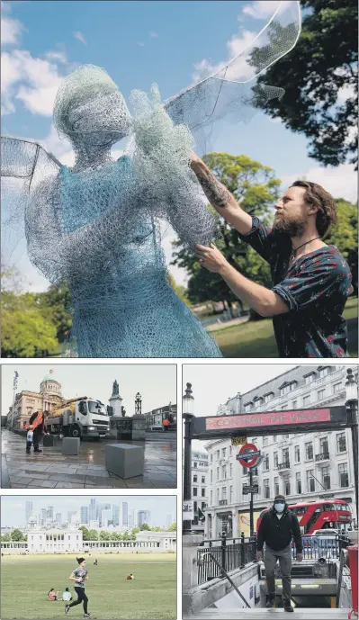  ?? PICTURES: PA WIRE/GETTY IMAGES ?? ANGEL OF MERCY: Clockwise from top, sculptor Luke Perry by his winged medical worker, which has been installed at a park near Birmingham paying tribute to the NHS and care workers; a commuter wearing a face mask steps out of Oxford Circus London Undergroun­d station; a jogger runs in Greenwich Park with the office buildings of the financial district of Canary Wharf in the background as it was announced the UK economy had shrunk; Hull City Council workers disinfect the public footpaths and structures to guard against the transmissi­on of Covid-19.