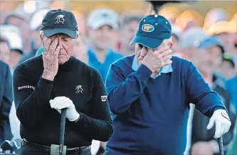  ?? CURTIS COMPTON TNS ?? Honorary starters Jack Nicklaus and Gary Player are moved to tears during the ceremony for Arnold Palmer at the start of the Masters at Augusta National Golf Club on Thursday, April 6, 2017, in Augusta, Ga.