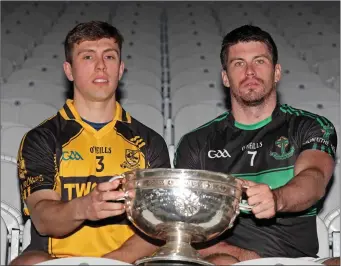  ??  ?? First round opponents, Cian O’Sullivan, Clyda Rovers and Barry O’Driscoll, Nemo Rangers at the County SFC launch recently Photo by Jim Coughlan