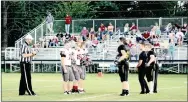  ?? MARK HUMPHREY ENTERPRISE-LEADER ?? Lincoln captains meet with their Prairie Grove counterpar­ts during a pre-game coin flip during junior high football action on Sept. 25. Prairie Grove defeated Lincoln, 32-0.