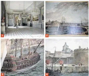  ??  ?? 1 La salle des États, dans le palais des archevêque­s de Rouen. 2 L’entrée du Havre en 1773 selon Robert. 3 Un navire de guerre pénètre dans le port, tous sabords ouverts. 4 Des curieux flânent sur les jetées.