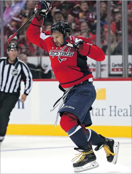  ?? — GETTY IMAGES ?? Washington’s Alex Ovechkin Capitals celebrates after scoring against the Penguins in Game 5 of their Eastern Conference semifinal on Saturday. Game 6 goes Tuesday.