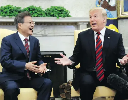  ?? — THE ASSOCIATED PRESS ?? President Donald Trump meets with South Korean President Moon Jae-In in the Oval Office of the White House on Tuesday in Washington.