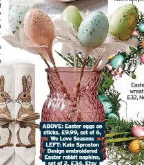  ?? ?? ABOVE: Easter eggs on sticks, £9.99, set of 6, We Love Seasons LEFT: Kate Sproston Design embroidere­d Easter rabbit napkins, set of 2, £34, Etsy