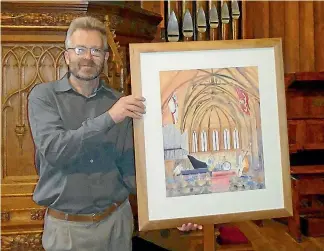  ?? PHOTO: HERITAGE NEW ZEALAND ?? Alfred Memelink, artist and owner of Memelink Gallery, with his painting Jazz At Old St Paul’s.